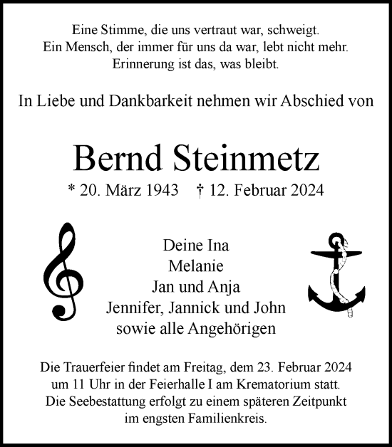 Traueranzeige von Bernd Steinmetz von Braunschweiger Zeitung