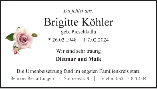 Traueranzeige von Brigitte Köhler von Braunschweiger Zeitung
