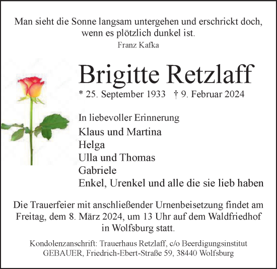 Traueranzeige von Brigitte Retzlaff von Wolfsburger Nachrichten