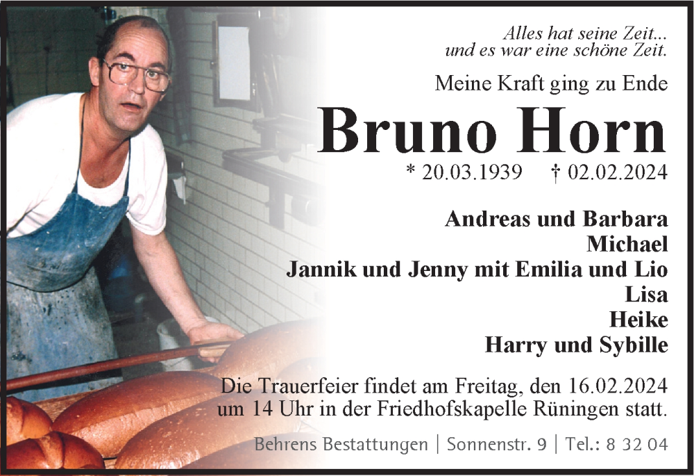  Traueranzeige für Bruno Horn vom 10.02.2024 aus Braunschweiger Zeitung
