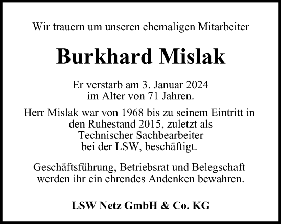 Traueranzeige von Burkhard Mislak von Wolfsburger Nachrichten
