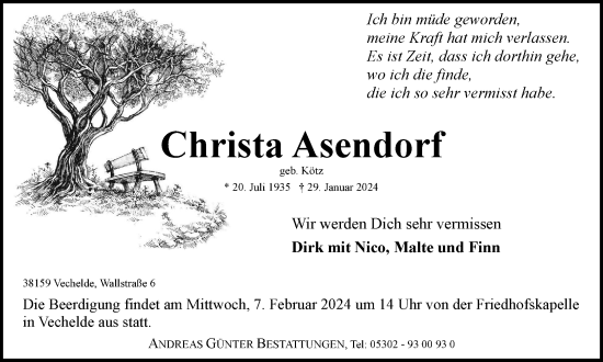 Traueranzeige von Christa Asendorf von Braunschweiger Zeitung