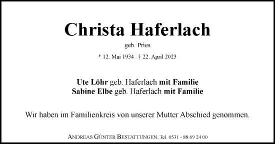 Traueranzeige von Christa Haferlach von Braunschweiger Zeitung