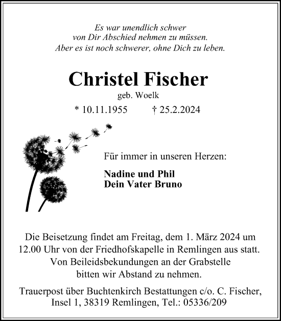 Traueranzeige von Christel Fischer von Wolfenbütteler Zeitung
