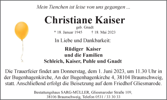 Traueranzeige von Christiane Kaiser von Braunschweiger Zeitung