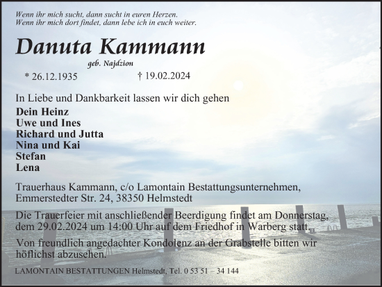 Traueranzeige von Danuta Kammann von Helmstedter Nachrichten