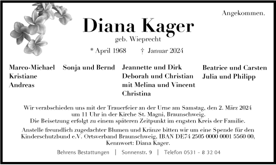 Traueranzeige von Diana Kager von Braunschweiger Zeitung