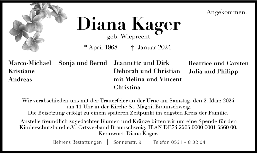  Traueranzeige für Diana Kager vom 24.02.2024 aus Braunschweiger Zeitung