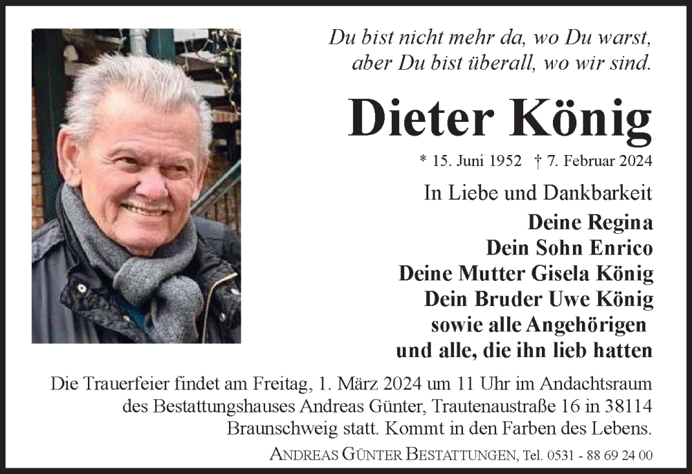  Traueranzeige für Dieter König vom 10.02.2024 aus Braunschweiger Zeitung