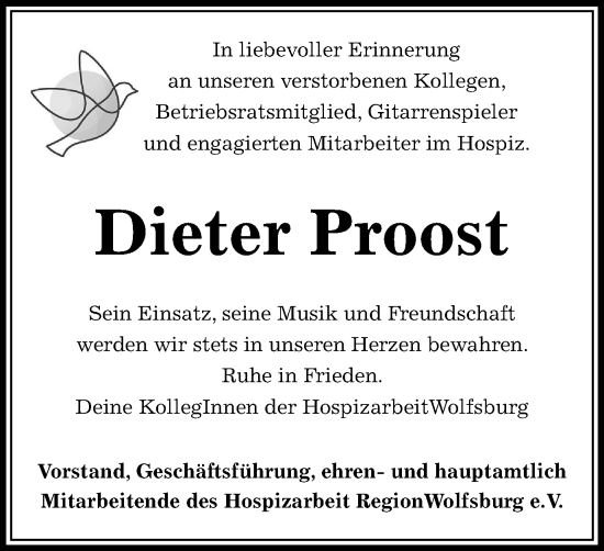 Traueranzeige von Dieter Proost von Wolfsburger Nachrichten
