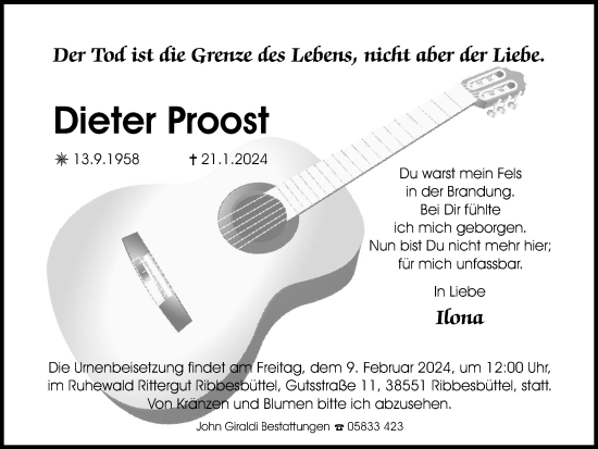 Traueranzeige von Dieter Proost von Wolfsburger Nachrichten