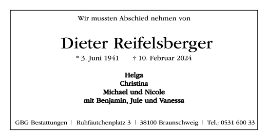 Traueranzeige von Dieter Reifelsberger von Braunschweiger Zeitung