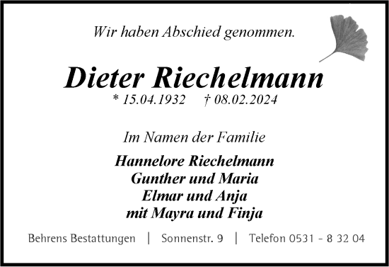 Traueranzeige von Dieter Riechelmann von Braunschweiger Zeitung