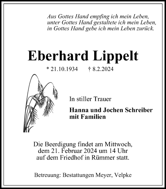 Traueranzeige von Eberhard Lippelt von Helmstedter Nachrichten