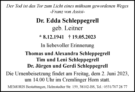 Traueranzeige von Edda Schleppegrell von Braunschweiger Zeitung
