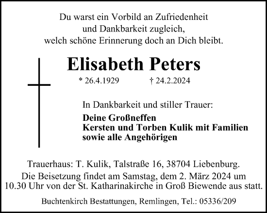 Traueranzeige von Elisabeth Peters von Wolfenbütteler Zeitung
