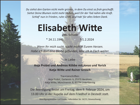 Traueranzeige von Elisabeth Witte von Braunschweiger Zeitung