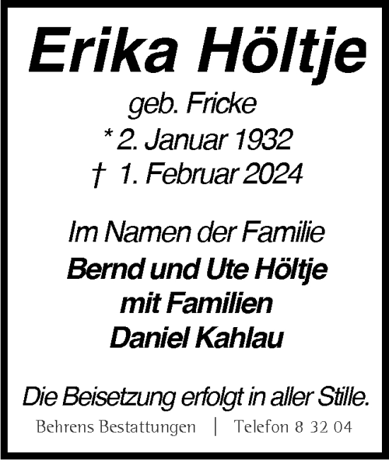 Traueranzeige von Erika Höltje von Braunschweiger Zeitung