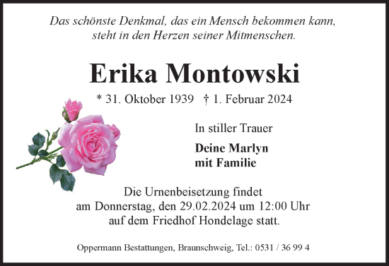 Traueranzeige von Erika Montowski von Braunschweiger Zeitung