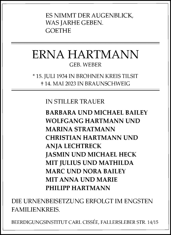 Traueranzeige von Erna Hartmann von Braunschweiger Zeitung
