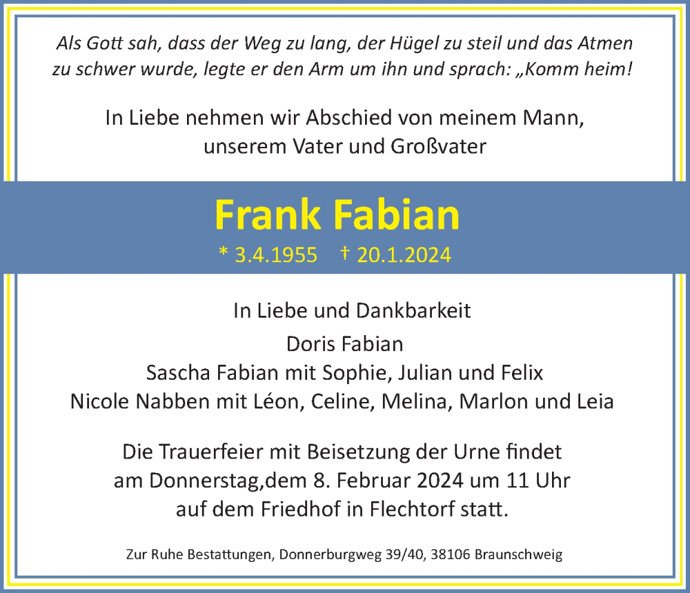  Traueranzeige für Frank Fabian vom 03.02.2024 aus Neue Braunschweiger am Samstag