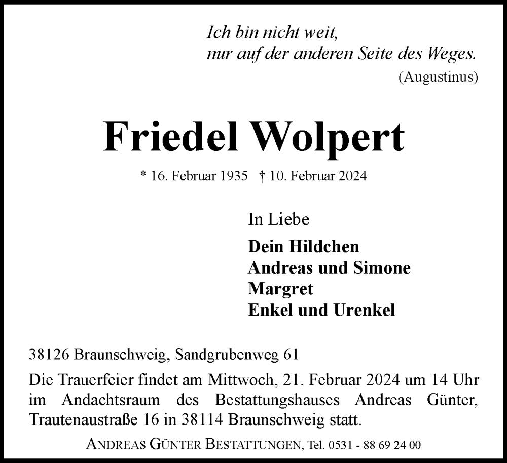  Traueranzeige für Friedel Wolpert vom 17.02.2024 aus Braunschweiger Zeitung