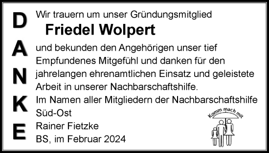 Traueranzeige von Friedel Wolpert von Braunschweiger Zeitung