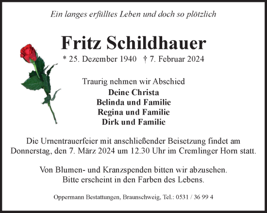 Traueranzeige von Fritz Schildhauer von Braunschweiger Zeitung