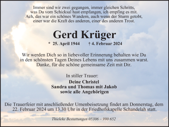 Traueranzeige von Gerd Krüger von Wolfenbütteler Zeitung