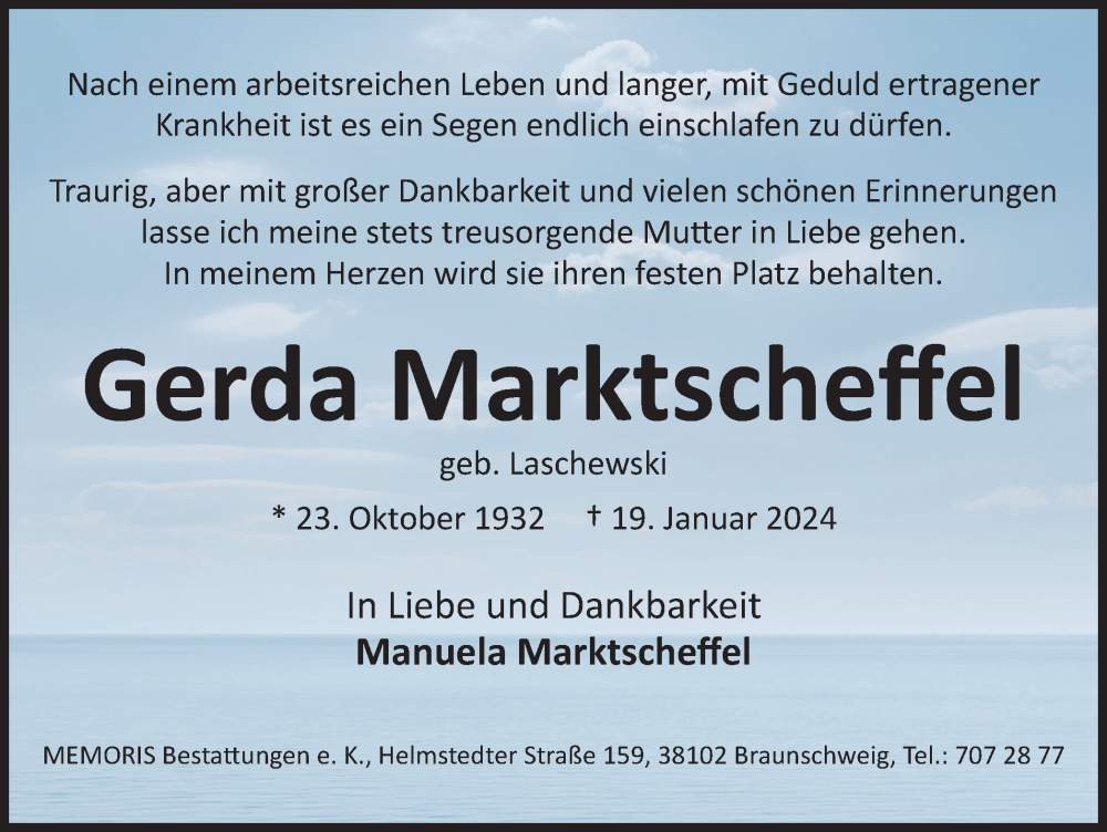  Traueranzeige für Gerda Marktscheffel vom 10.02.2024 aus Braunschweiger Zeitung