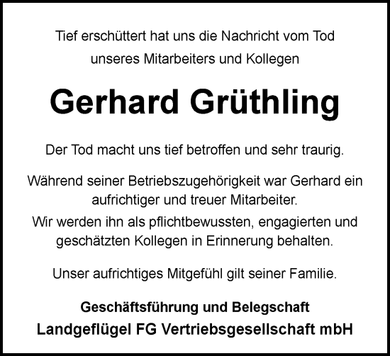 Traueranzeige von Gerhard Grüthling von Braunschweiger Zeitung