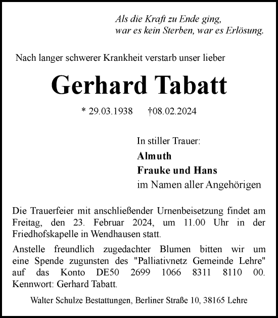 Traueranzeige von Gerhard Tabatt von Braunschweiger Zeitung