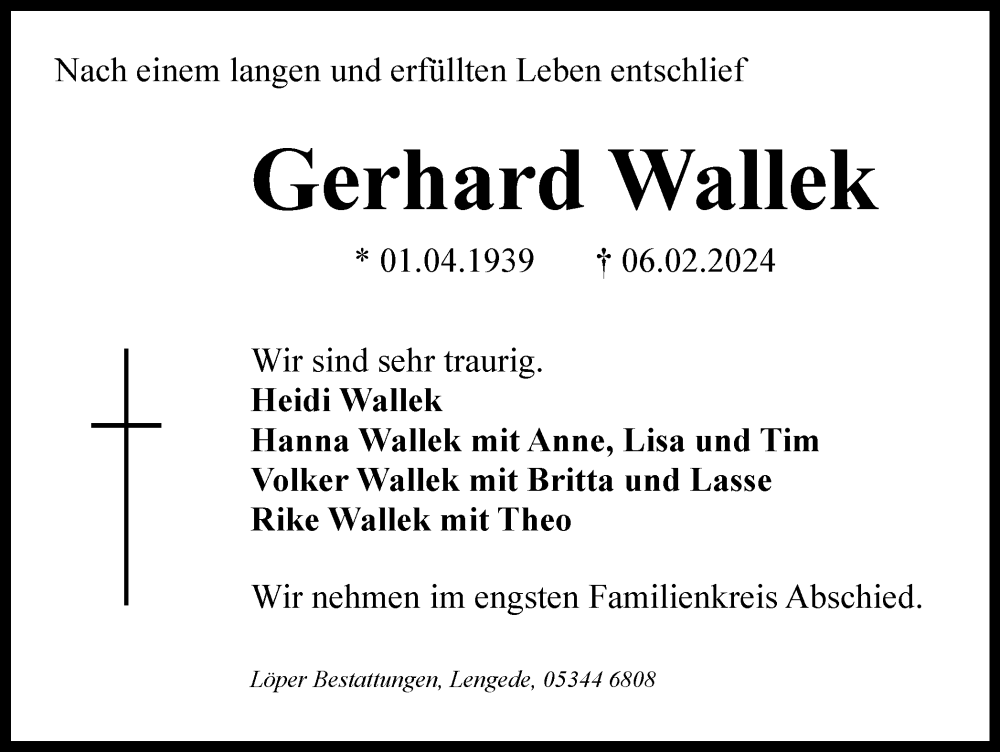  Traueranzeige für Gerhard Wallek vom 10.02.2024 aus Salzgitter-Zeitung