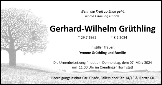 Traueranzeige von Gerhard-Wilhelm Grüthling von Braunschweiger Zeitung