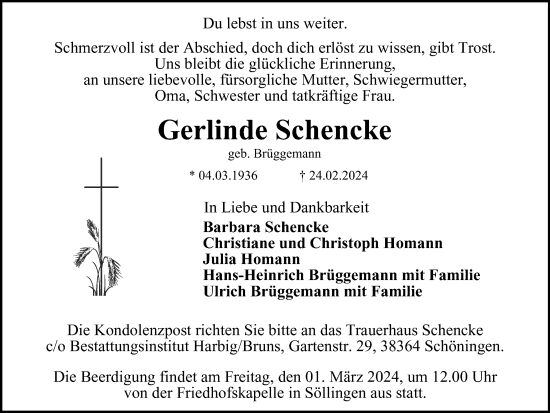 Traueranzeige von Gerlinde Schencke von Helmstedter Nachrichten