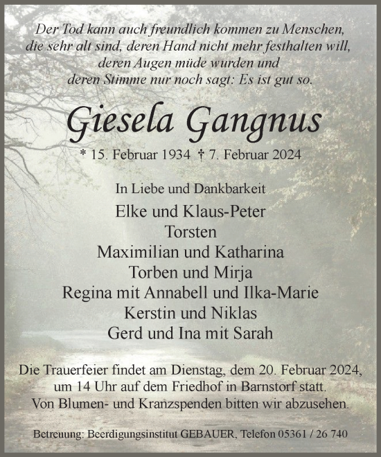 Traueranzeige von Giesela Gangnus von Wolfsburger Nachrichten