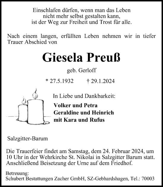 Traueranzeige von Giesela Preuß von Salzgitter-Zeitung