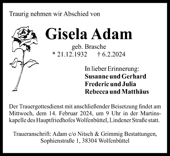 Traueranzeige von Gisela Adam von Wolfenbütteler Zeitung