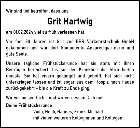 Traueranzeige von Grit Hartwig von Braunschweiger Zeitung