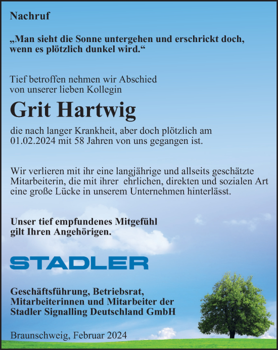 Traueranzeige von Grit Hartwig von Braunschweiger Zeitung