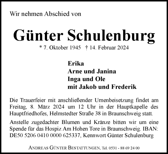 Traueranzeige von Günter Schulenburg von Braunschweiger Zeitung