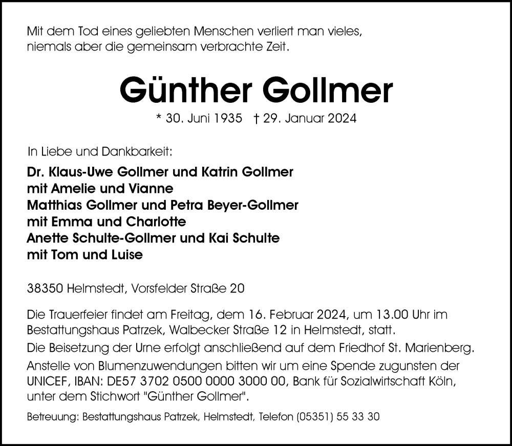  Traueranzeige für Günther Gollmer vom 10.02.2024 aus Helmstedter Nachrichten