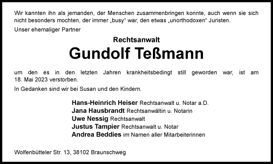 Traueranzeige von Gundolf Teßmann von Braunschweiger Zeitung