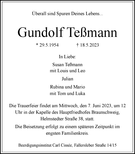 Traueranzeige von Gundolf Teßmann von Braunschweiger Zeitung