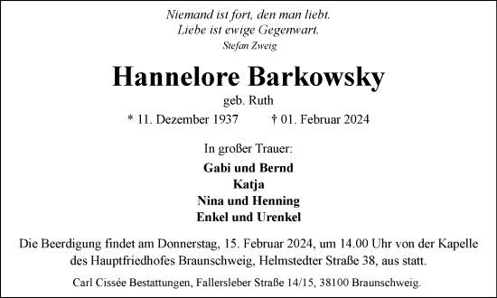 Traueranzeige von Hannelore Barkowsky von Braunschweiger Zeitung