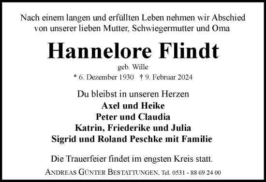 Traueranzeige von Hannelore Flindt von Braunschweiger Zeitung