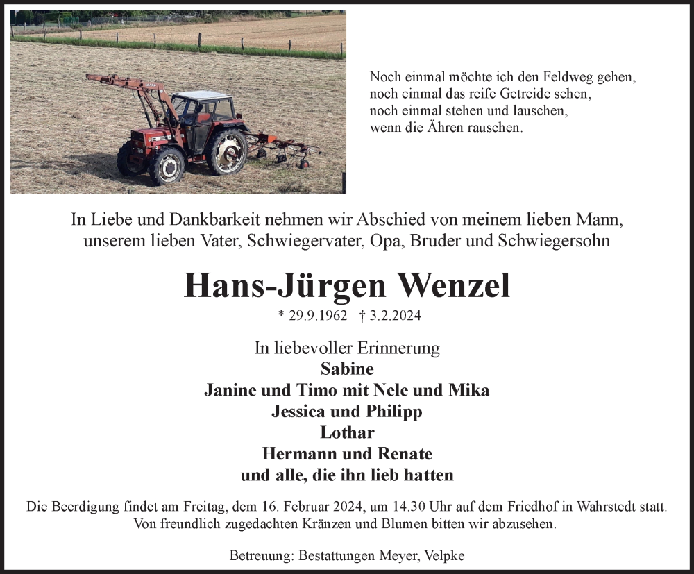  Traueranzeige für Hans-Jürgen Wenzel vom 10.02.2024 aus Wolfsburger Nachrichten