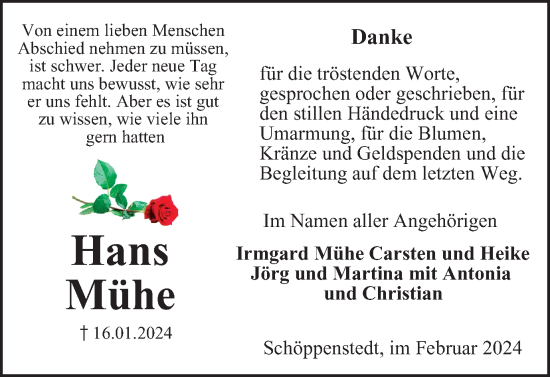 Traueranzeige von Hans Mühe von Wolfenbütteler Zeitung