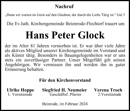 Traueranzeige von Hans Peter Glock von Helmstedter Nachrichten