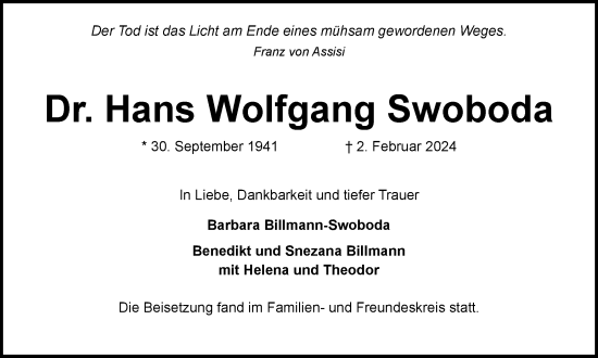 Traueranzeige von Hans Wolfgang Swoboda von Braunschweiger Zeitung